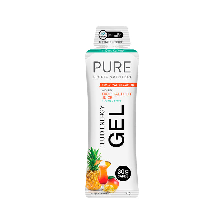 PURE Sports Nutrition Fluid Energy Gel  Tropical Flavour a white backgroundical